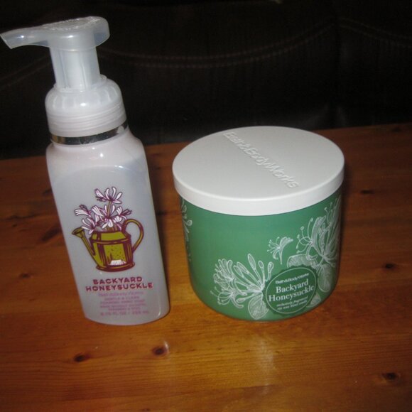 2pc Bath & Body Works Backyard Honeysuckle 3-Wick Candle & Handsoap -- NEW!! - Picture 9 of 10